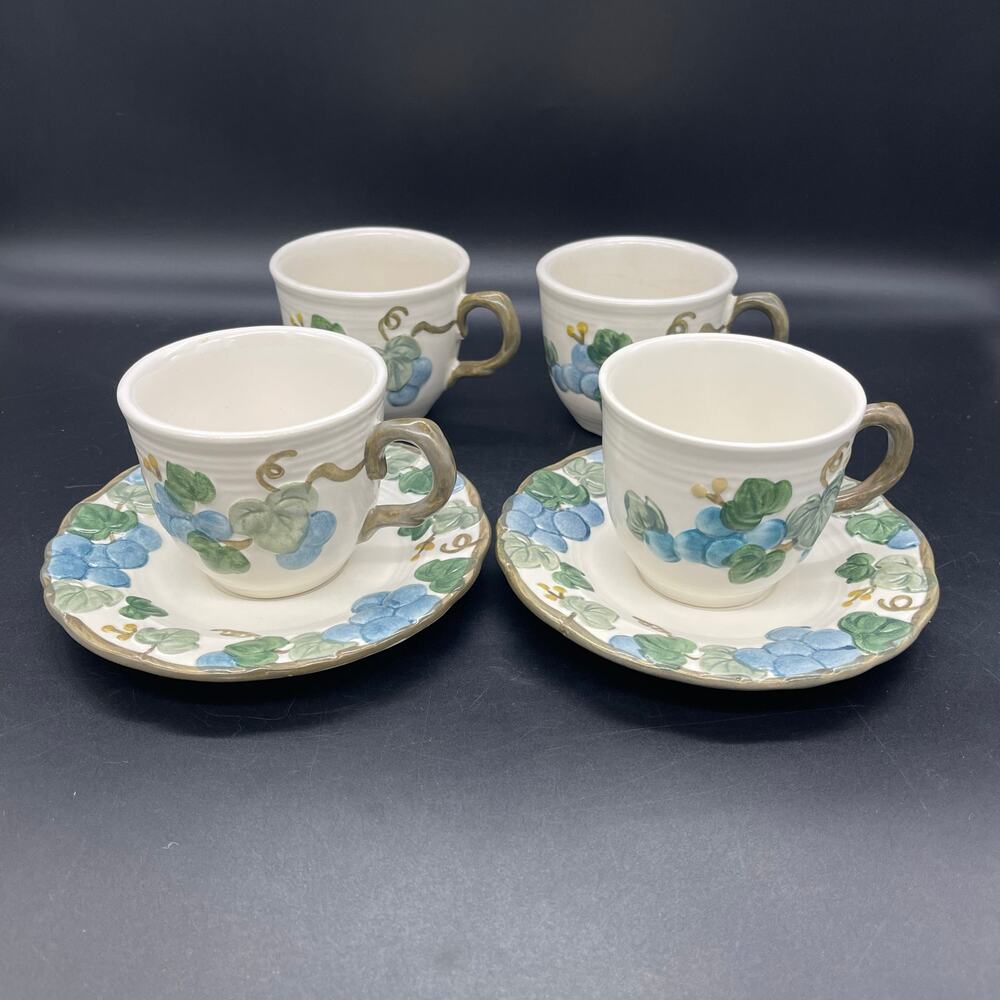 Vintage Metlox Poppytrail Set of 4 Cups & 2 Saucers Blue Sculptured Grapes Calif